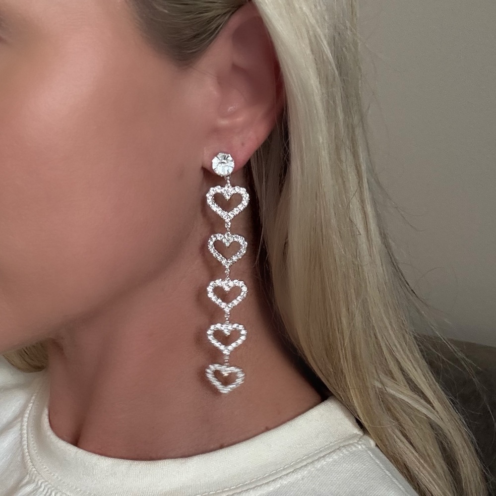 Heart Rhinestone Long Drop Dangle Earrings Bridal New